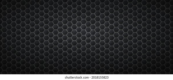 Dark honeycomb hexagons background. Polygonal black gradientl tiles laid in abstract texture in monochrome vector line