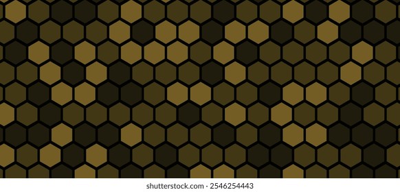 Dark Honeycomb Pattern with Golden Accents. hexagon geometric background.