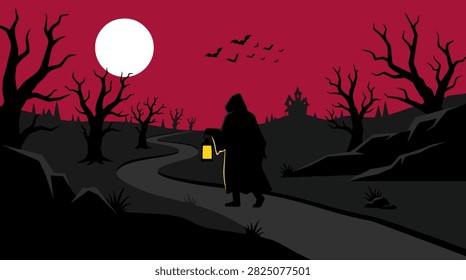 Dark hooded wanderer holding glowing lantern on curved road, silhouettes of leafless trees against deep red night sky
