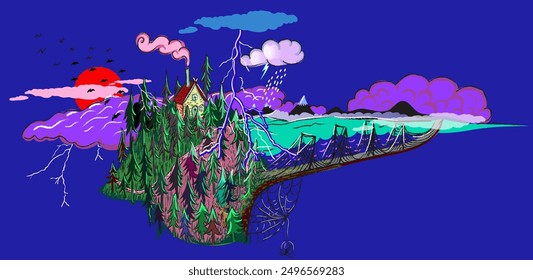 Fondo Horizontal oscuro con el puente forestal abstracto casa nubes y relámpagos. Plantilla para un fondo de cuento de hadas de miedo