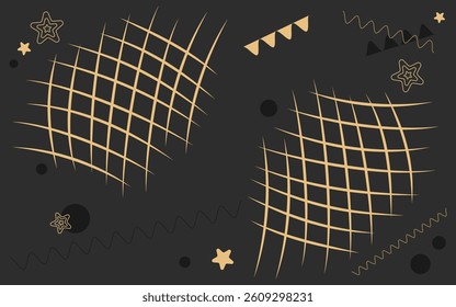 Dark horizontal background with gold and black elements. Stylish vector banner space for copying. Abstract gold elements and figures flat style. Elegant design, business, business card, promo action