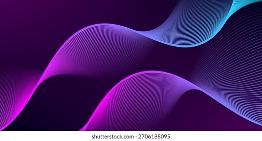 Dark horizontal background of wavy bright blue pink lines. Abstract background with glowing lines. abstract wavy lines background. Modern technology futuristic concept.