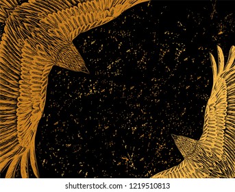 Dark horizontal banner with hand drawn  falcons. To be used for tattoo salon.
