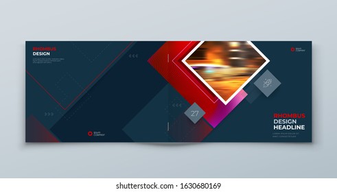 Dark Horizontal Brochure Cover Design. Corporate Template Layout for Business Annual Report, Catalog, Magazine or Flyer Mockup. Concept with Square Rhombus Shapes. Vector Background. Set - GB075