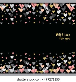 Dark horizontal design with hearts confetti on white background. Romantic trendy heart frame. Valentine day design for love card, valentine day greetings. Vector illustration stock vector.