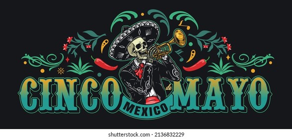 Dark horizontal vintage banner with skeleton trumpeter in sombrero and charro outfit above Cinco de Mayo inscription, vector illustration