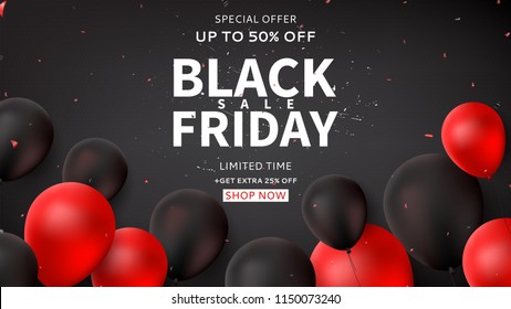 Dark horizontal web banner for Black Friday sale. Dark background with black and red balloons for seasonal discount offer. Vector illustration with confetti and serpentine.