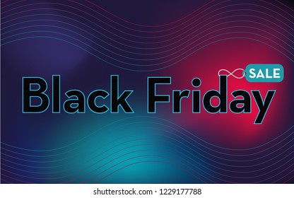 Dark horizontal web  banner, website cover, page informing about sale and discount on black Friday. Text on wavy, geometric background, modern gradient, curved shape.