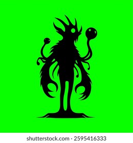 Dark Horned Demon Silhouette with Glowing Eyes on Neon Green Background