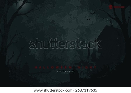 Dark horror spooky forest with haunted house silhouette, Halloween background, vector illustration