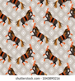 Dark horse grey and orange seamless vector pattern. Circus animal repeat background.