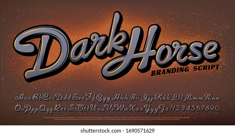 Dark Horse script alphabet. This font is an incised calligraphy style of letters with highlights and shadows. Vintage quality and smoky warm tones make for a understated and elegant vibe.