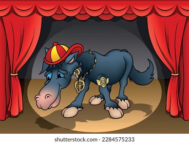 Caballo oscuro con tapón de bolas a rayas y joyería dorada - Ilustración de dibujos animados de color con fondo, vector