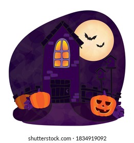 Dark house against the background of the night sky and the big moon with light windows and a lawn with pumpkins, bats against the background of the moon, scary pumpkin, vector illustration