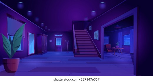 Dark house hallway wood rustic interior cartoon vector background. Entrance door and stair indoor near hanger on first floor. Retro apartment with staircase in lobby. Vintage furniture near window.