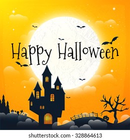 Dark House On Blue Full Moon. Happy Halloween. Vector Illustration