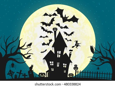 Dark house on blue full Moon. Vector Illustration