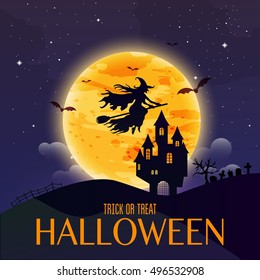 Dark house on blue full Moon. Witch flying over the moon. Happy Halloween. Vector illustration.