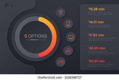 Dark hued presentation infographic template in a modern style. Five options.