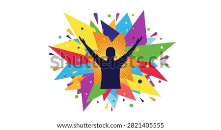 A dark human silhouette stands with arms outstretched in a gesture of celebration or joy set against a backdrop of colorful triangular geometric bursts