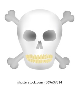 The dark human skull with holes from the eyes and nose with yellow teeth and crossbones a skull on a white background