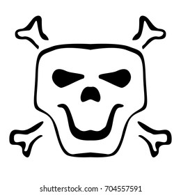 Dark human skull sketch with spooky smile. Black Icon flat on white background. Vector Simple cartoon skull and crossbones icon. Halloween design element or classic "Jolly Roger" pirate flag.