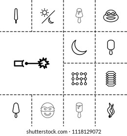 Dark icon. collection of 13 dark outline icons such as ninja, ice cream on stick, crescent, smoke, electric circuit. editable dark icons for web and mobile.