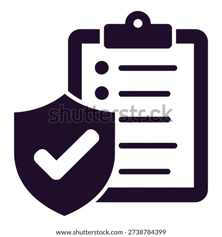 A dark icon depicting a shield with a white checkmark alongside a clipboard with a document, symbolizing security, compliance, and task completion.