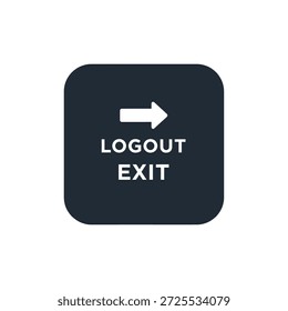 Ícone escuro com logout e texto de saída com seta. Representa a saída do aplicativo ou sistema, elemento da interface do usuário. Vetor.