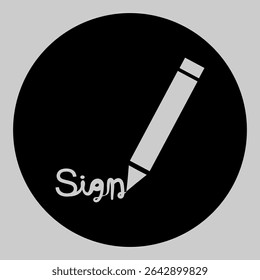 Dark icon of pen signing a paper, for legal or business use.