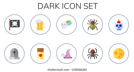 dark icon set. 10 flat dark icons.  Collection Of - jolly roger, tombstone, pint, chocolate, skull, witch hat, spider, full moon