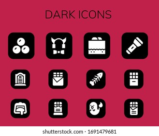 dark icon set. 12 filled dark icons.  Simple modern icons such as: Chocolates, Tombstone, Chocolate, Devil, Chocolate bar, Chocolate fudge, Fishbone, Ghost, Flashlight