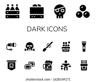 dark icon set. 14 filled dark icons. Included Beer box, Chocolate fudge, Skull, Chocolates, Jolly roger, Flashlight, Chocolate, Dark beer, Saber, Voodoo doll icons
