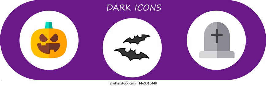 dark icon set. 3 flat dark icons.  Collection Of - pumpkin, bat, tombstone