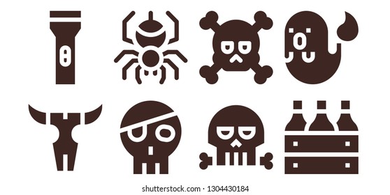 dark icon set. 8 filled dark icons.  Simple modern icons about  - Skull, Flashlight, Spider, Beer box, Ghost