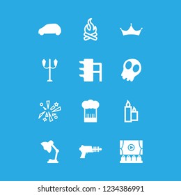 dark icon set about bonfire, fireworks, desk lamp and beer glass vector set