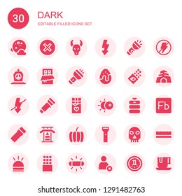dark icon set. Collection of 30 filled dark icons included Full moon, Cancel, Skull, Flash, Flashlight, Tombstone, Chocolate, Chocolate egg, Eclipse, Beer keg, Gym bars, Pumpkin