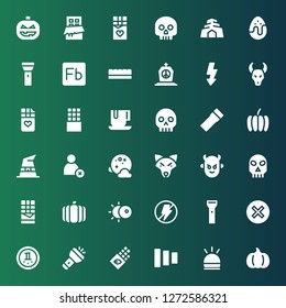 dark icon set. Collection of 36 filled dark icons included Pumpkin, Hooter, Fade buttons, Chocolate, Flashlight, Cancel, Flash, Eclipse, Skull, Devil, Wolf, Full moon, Witch hat