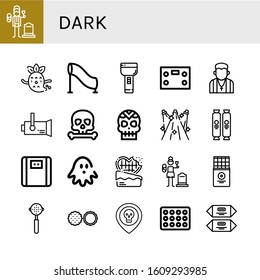 dark icon set. Collection of Widower, Ghost, Tunnel, Flashlight, Bathroom scale, Pastor, Spotlight, Skull, Spotlights, Chocolate, Haunted house, Widow, Chocolate bar, Portafilter icons