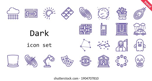 dark icon set. line icon style. dark related icons such as black hole, vhs, rain, death, moon phases, top hat, lamp, trick, jail, nebula, eclipse, theatre, moon, ghost, constellation, theater