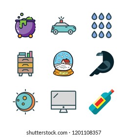 dark icon set. vector set about rain, police car, eclipse and crow icons set.