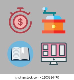dark icon set. vector set about coffee grinder, open book, monitor and timer icons set.
