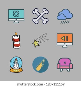 dark icon set. vector set about shooting star, armchair, bones and monitor icons set.