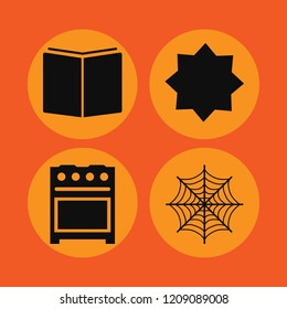 dark icon. dark vector icons set open book, islamic star, spider web and gas stove