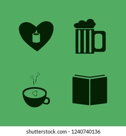 dark icon. dark vector icons set open book, beer glass, coffee cup heart and candle heart