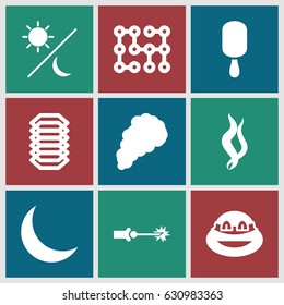 Dark icons set. set of 9 dark filled icons such as ninja, ice cream on stick, crescent, smoke, electric circuit
