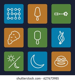 Dark icons set. set of 9 dark outline icons such as ice cream on stick, crescent, smoke, electric circuit, sun and moon