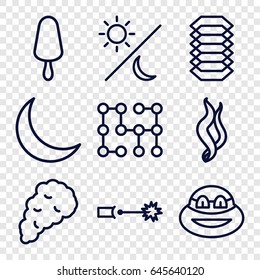 Dark icons set. set of 9 dark outline icons such as ice cream on stick, crescent, smoke, electric circuit, sun and moon