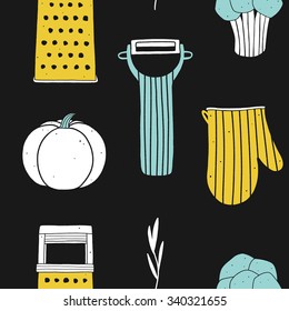  Dark illustrated background with vegetables and kitchen equipment.  Seamless pattern for kitchen and cafe fabrics, napkins, wrapping paper