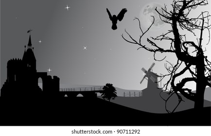 dark illustration with castle, moon and bird